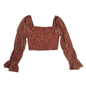Violet Romance Orange Floral Smocked Crop Top Long Sleeve VRTP20 Size 8 NEW